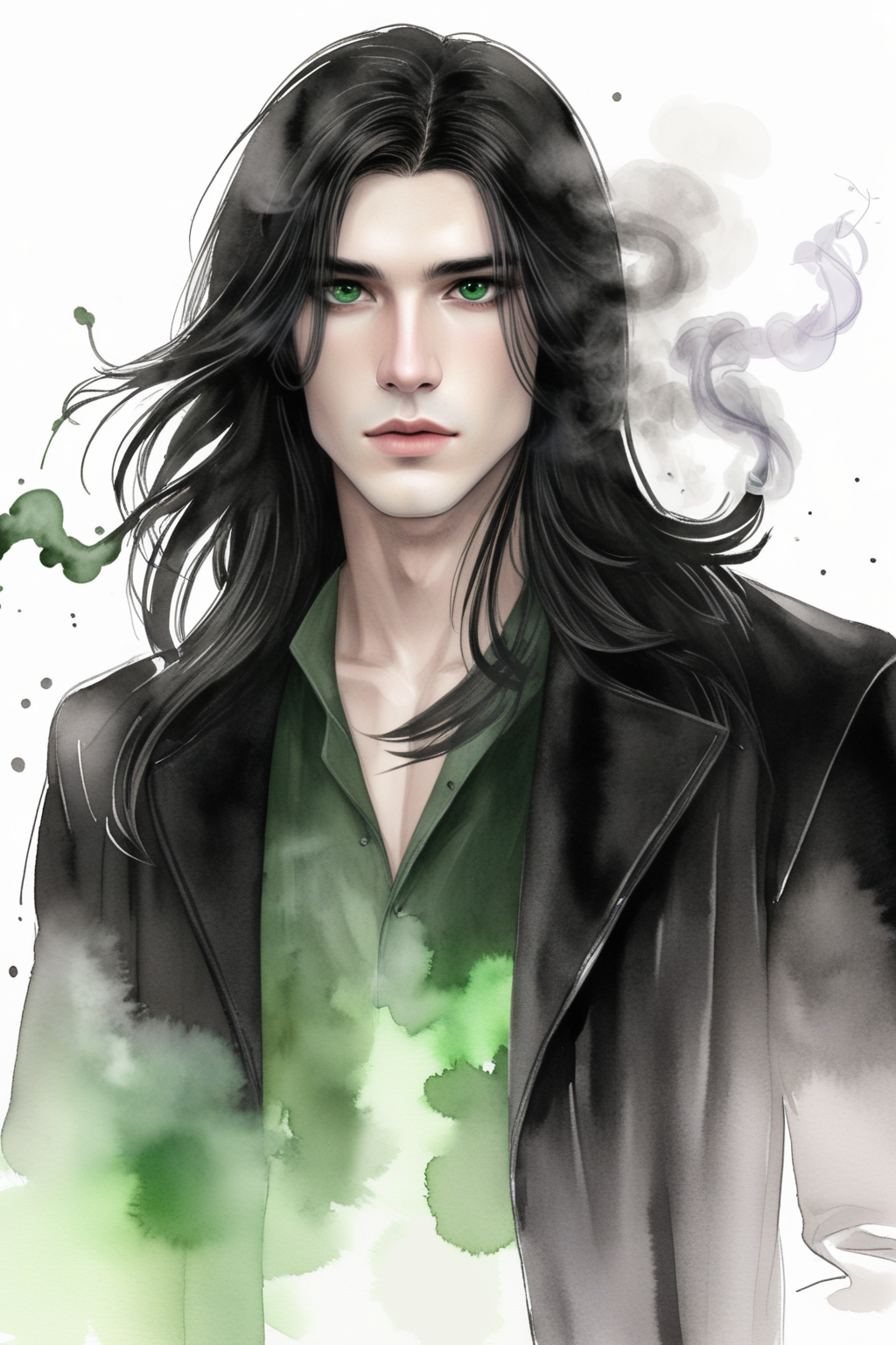 Dreamscape male, pale skin, black long hair, green eyes, clothes in black leather coat, smoking, portrait, watercolor  <lora:HungerXL:0.9> hunger . Surreal, ethereal, dreamy, mysterious, fantasy, highly detailed