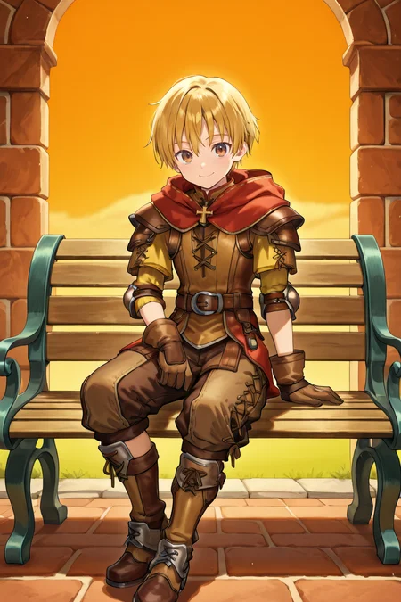 <lora:Canaan:0.9> , CaDef, solo, 1boy, brown eyes, short hair, blonde hair, red hood, hood down, shoulder pads, elbow pads, armor,  brown pants, capri pants, brown armor, cross-laced clothes, yellow sleeves, brown gloves, gloves, armored boots, brown boots, boots, full body, sitting, bench, smile, closed mouth, exterior, evening, looking at viewer, solo, masterpiece, very aesthetic, absurdres, best quality, amazing quality, high resolution, detailed background, <lora:illustrious_quality_modifiers_masterpieces_v1:0.8> , <lora:ChamIllustriousBackgroundEnhancer:0.5>