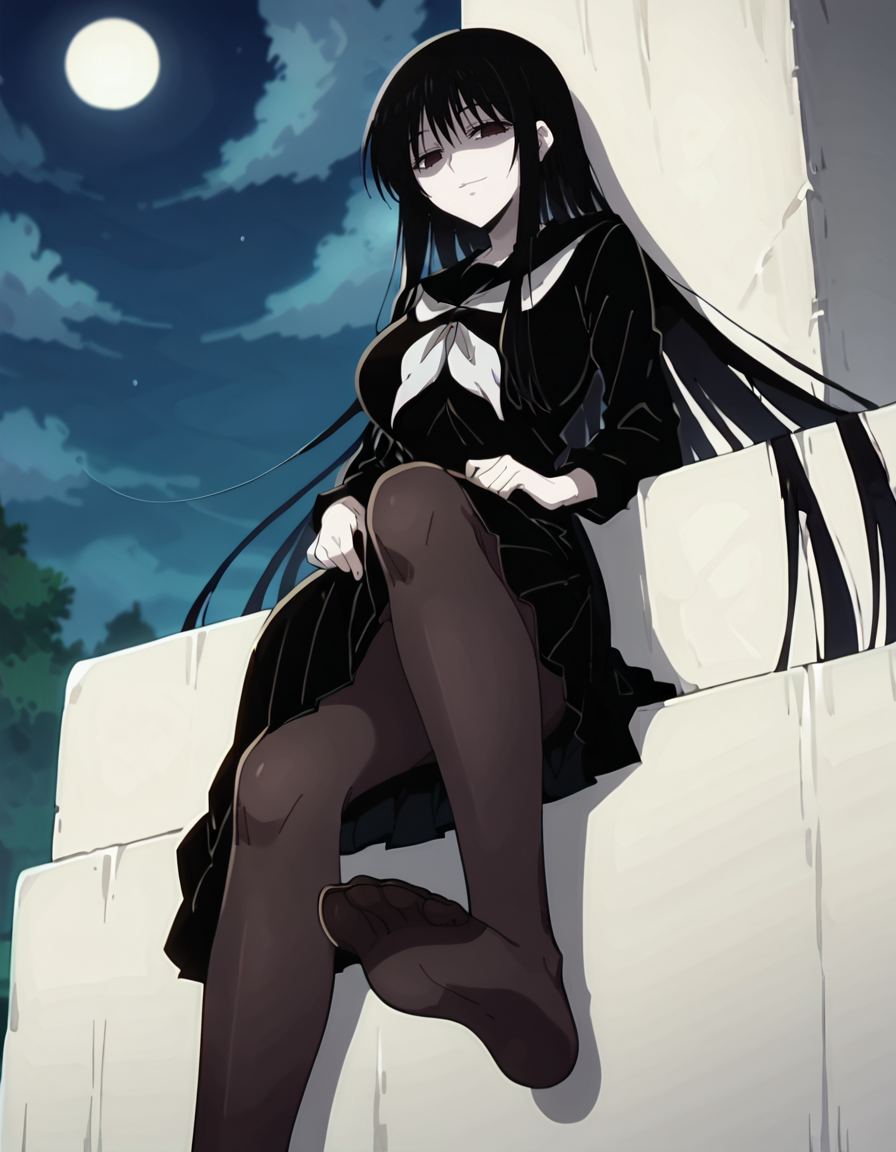 score_9,score_8_up,score_7_up,score_6_up,score_5_up,score_4_up,1girl,<lora:hagoromogitsune:0.9> hagoromogitsune,shaded face,monochrome girl,empty eyes,black hair,pale skin,white skin,very long hair,large breasts,smile,looking at viewer,night,outdoor,school uniform,black serafuku,serafuku,black shirt,black skirt,(pantyhose),(black pantyhose),legs cross,soles,from below,sitting,anime screencap