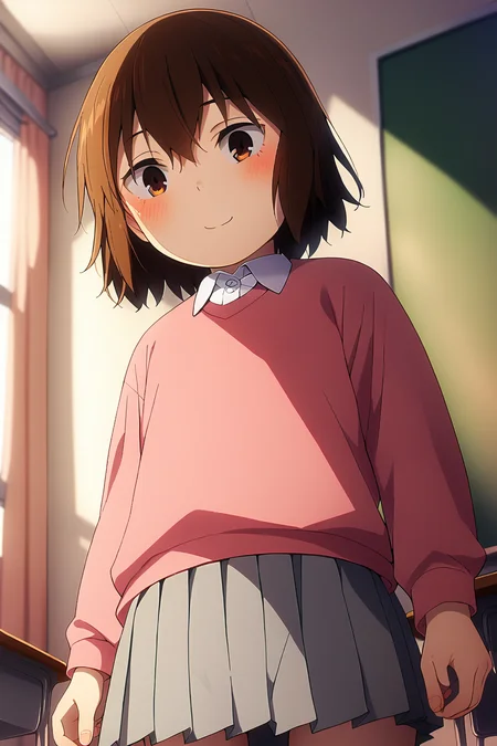 ionless, source_anime,  score_8_up, score_7_up, score_9, kayo_hinazuki, cowboy shot, <lora:kayohinazuki_pony_xl_0.2-000013:0.9>,coral sweater, white_one_button_collared_shirt, grey skirt, classroom, slightly blushing, smile, from below