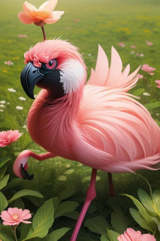 (ultra high res:1.4), (masterpiece), (beautiful lighting:1.4) , An adorable ladybug flamingo hybrid creature with  flower petal-like feathers in a field of pink and red flowers, hyperrealistic