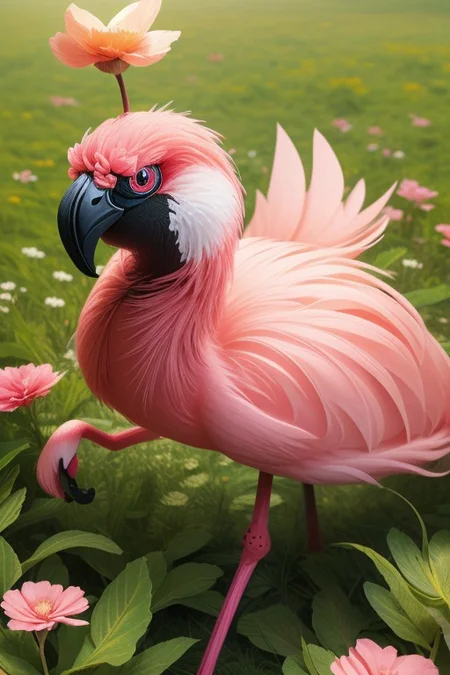 (ultra high res:1.4), (masterpiece), (beautiful lighting:1.4) , An adorable ladybug flamingo hybrid creature with flower petal-like feathers in a field of pink and red flowers, hyperrealistic