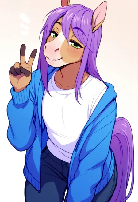 tokifuji_style, score_8_up, score_7_up, score_6_up, score_5_up, score_4_up,reggiepxltoki, 1boy,femboy, anthro horse, long hair, purple hair, green eyes, BREAK,white shirt, blue jacket, portrait, smiling, half closed eyes, leaning forward, peace sign, dutch angle,
