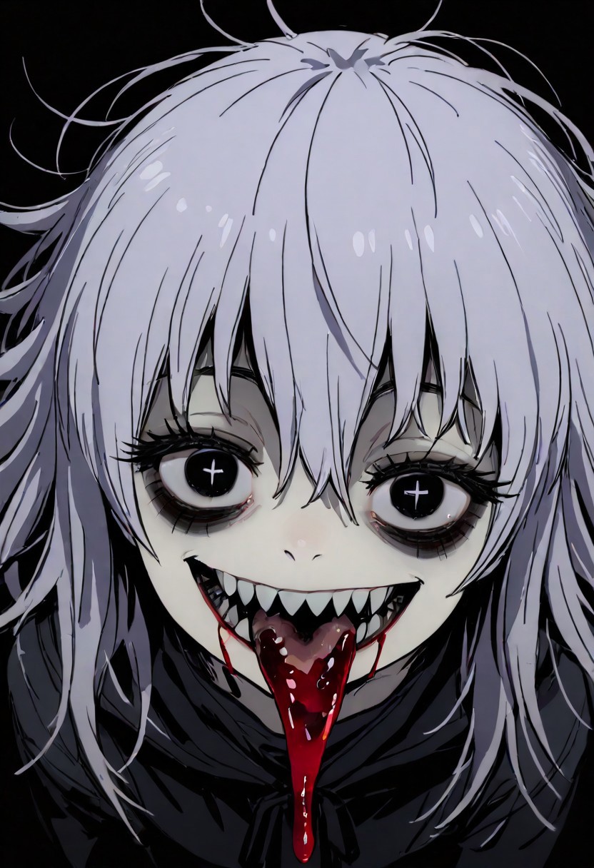 black eyes, bags under eyes,    
big eyes,  (black eyeshadow:0.8),  thick eyelashes, 
from side, simple background, dark night background, 
looking at viewer, looking down, (wild, crazy smile:1.2), solo, 1girl, full body, perspective, (sharp teeth:1.2), dark red liquid on mouth, dark red liquid on face, half-closed eyes, + +,  dark red eyeliner, pale purple hair,
masterpiece, best quality, amazing quality,
dark messy sketch, messy lineart, unfinished,
(horror \(theme\),:1.2)