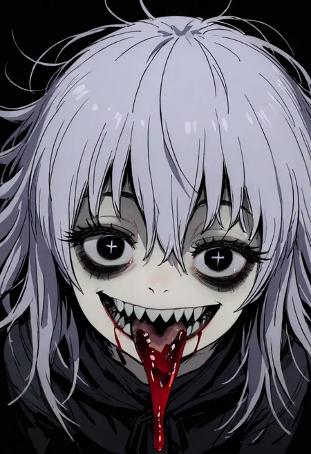 black eyes, bags under eyes,
big eyes, (black eyeshadow:0.8), thick eyelashes,
from side, simple background, dark night background,
looking at viewer, looking down, (wild, crazy smile:1.2), solo, 1girl, full body, perspective, (sharp teeth:1.2), dark red liquid on mouth, dark red liquid on face, half-closed eyes, + +, dark red eyeliner, pale purple hair,
masterpiece, best quality, amazing quality,
dark messy sketch, messy lineart, unfinished,
(horror \(theme\),:1.2)