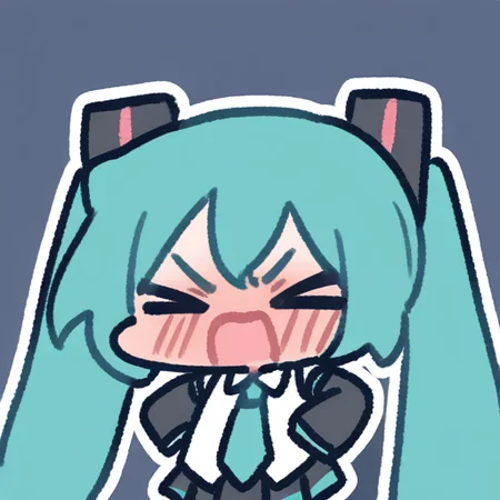 by: Miratsu 169 (masterpiece,best quality,absurdres:1.2), vibrant,highly detailed,
hatsune miku, chibi, big head, angry, aqua hair, long sleeves, twintails, hair ornament, aqua necktie, cowboy shot,closed eyes, open mouth, full-face blush,
<lora:miratsu_noob:1>, simple background,