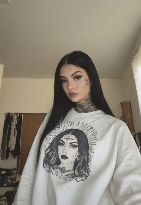 film grain, instagram model, egirl, 1girl, tanned_skin, latina, (dressed), very long hair, black_hair, tattoo, tattooed, sweatshirt, apartment, room, no light, close up, portrait, masterpiece, best quality, (ultra-detailed), absurdres, very aesthetic, newest, 2025, latest, amtr2, photo taken