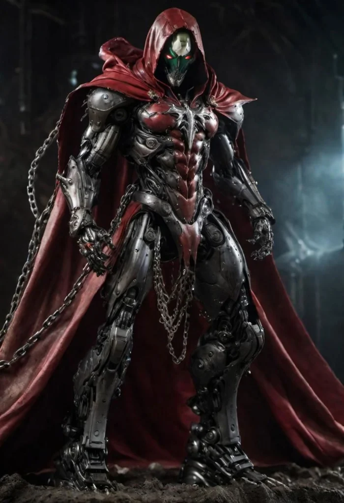 a photograph of spawn, balanced composition, made of black goo, (weathered patina:1.2), black costume, animated red cape made of liquid, "M" on chest, chains, moody lighting, cinematic, complex robot, biomechanical, hyper detailed <lora:compb0t:0.5> <lora:Spawn:0.8> comprobo