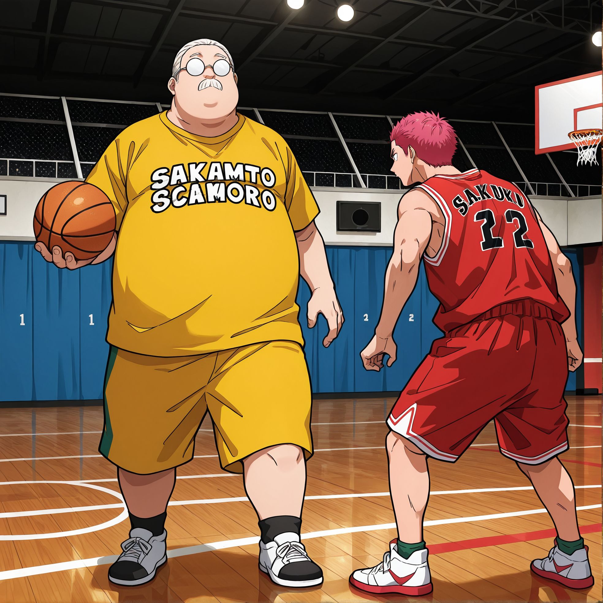 masterpiece,best quality,amazing quality,very aesthetic,absurdres,newest,huge filesize,
<lora:spo_sdxl_10ep_4k-data_lora_webui:0.5>,anime coloring,flat color, 
<lora:add-detail-xl:1>
2boys, facing another, 
male focus,basketball stage,full body,    standing, 
shirt,
BREAK
<lora:Sakamoto_Days:0.8>SAKAMOTO_DAYS_V1,
s_sakamoto_fat,
Opaque glasses,
yellow shirt,
s_sakamoto_fat, holding basketball, mustache, 
BREAK
2boys, facing another, 
male focus,basketball stage,full body,    
shirt,
sakuragi hanamichi, slam dunk \(basketball\),