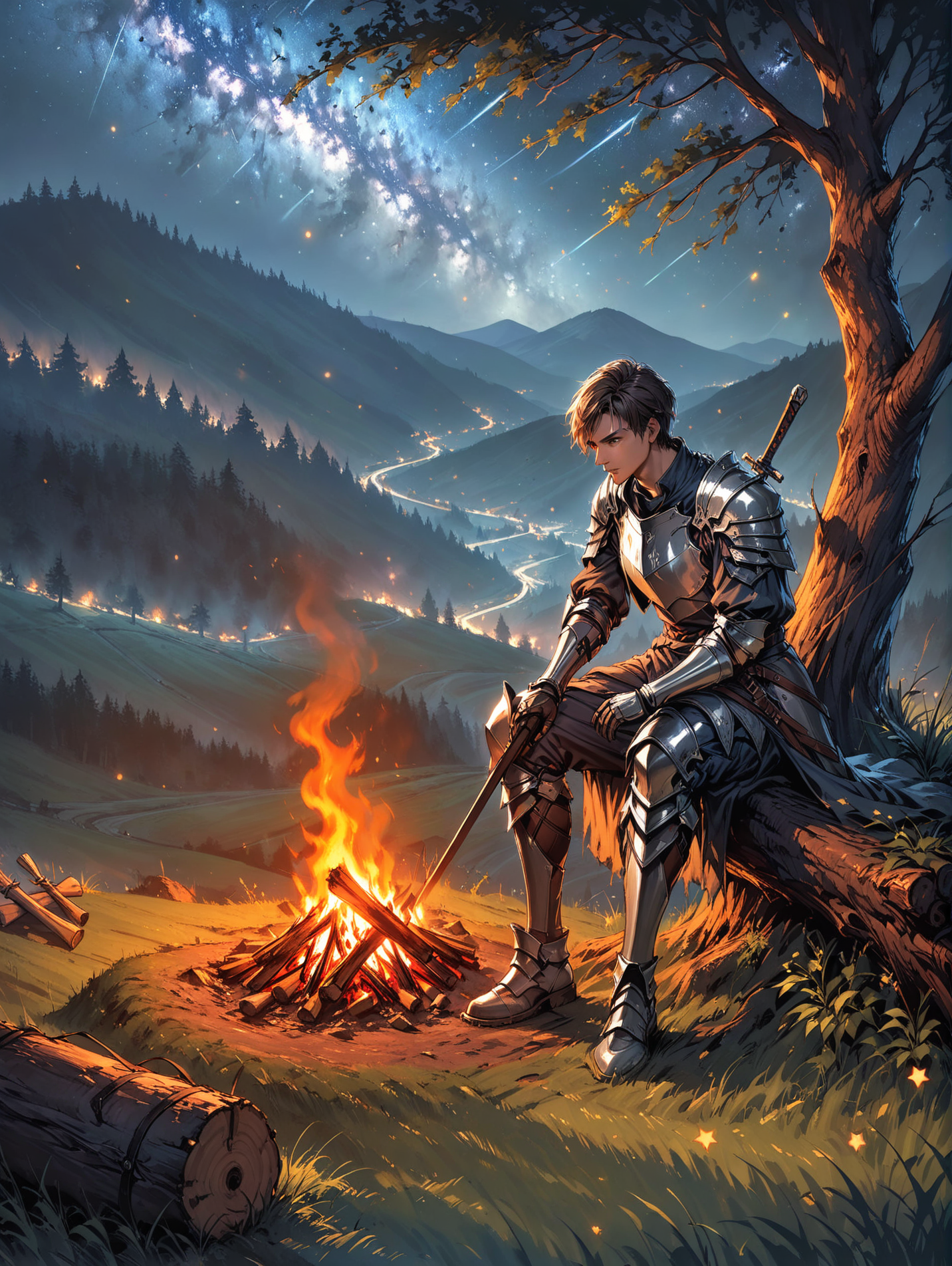 knight, hill, tree, grass,sitting, leaned on a tree,night, forest, star \(sky\), bonfire, masterpiece, solo, sword, 1boy,(dark:1.2), <lora:EnvyDramaticLightingXL02_photo:0.8>, <lora:Splash_Art_SDXL:0.4> , <lora:xl_more_art-full_v1:0.7>, <lora:AssassinKahb:0.5>,fantasy,