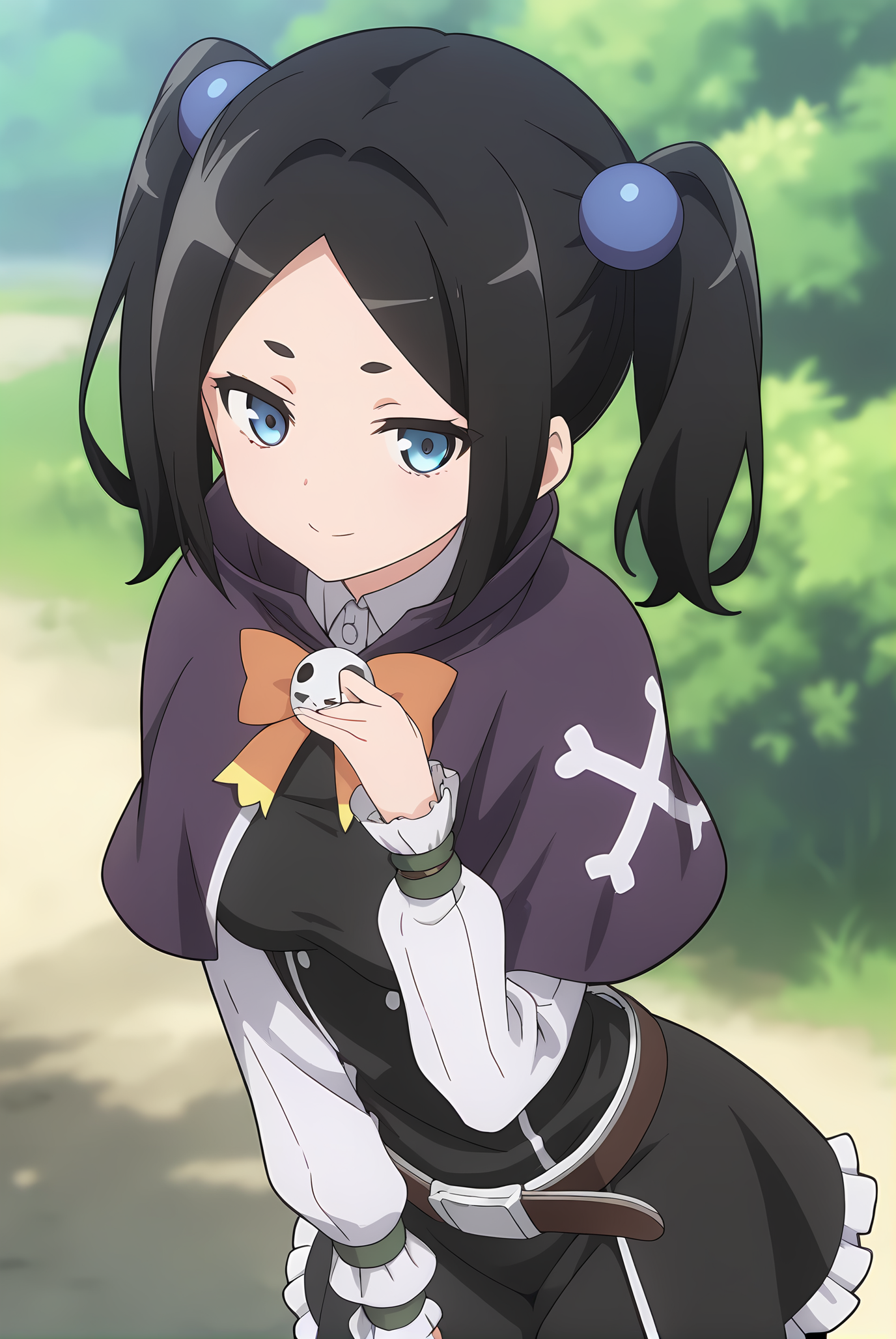 (purple capelet black dress belt black pantyhose:1.30), ig-toxico, black hair, short twintails, blue eyes, blue hair bobbles, medium breasts, 1girl, solo, skinny, score_9, score_8_up, score_8, score_7_up, score_7, score_6_up, score_6, score_5_up, score_5, source_anime, light smile, , (0.2:close-up depth of field:1.20), (:1.20), , <lora:ig-toxico-V02-000003:0.60>
