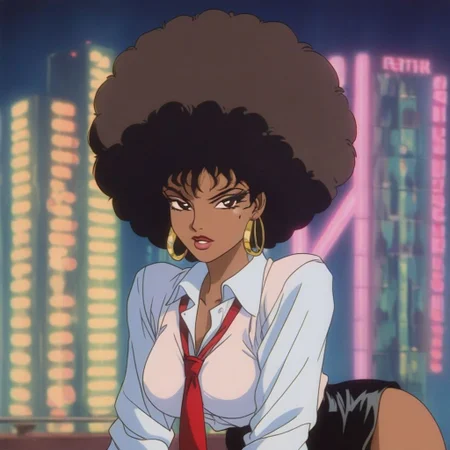 woman in white shirt and tie, over looking neon city lights
, 1990s \(style\), dark skin, afro