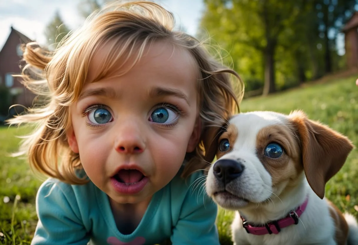 low Dutch angle shot of a puppy REALLY DO SUSPECTS SOMETHING, playing with child 1girl, immensely emotional portrait by (john Wilhelm:1.36), cinematic light, ultra-wide 8mm lens, F16
