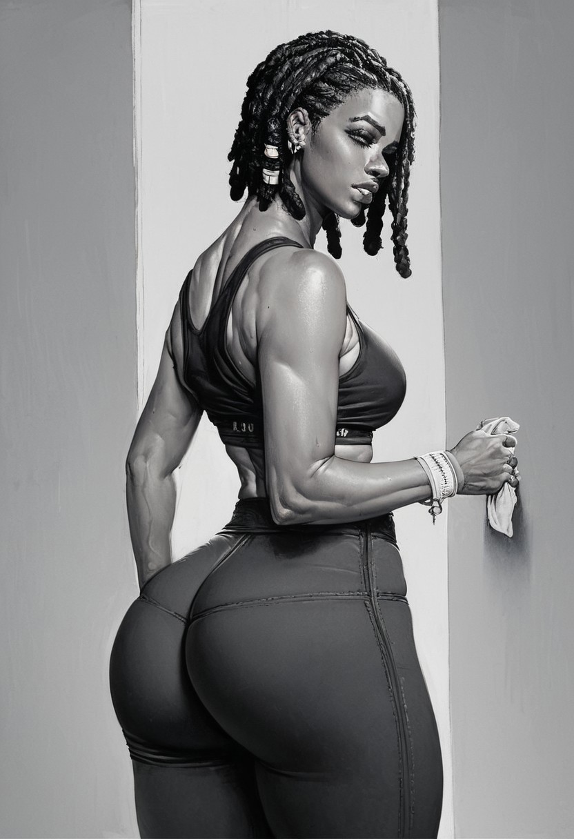 score_9, score_8_up, score_7_up, GYM_OUTFIT,
1GIRL, dark skinned, dreadlocks, 
narrow waist, thick thighs, toned thighs. ass. high-waisted pants, sports bra, revealing outfit,