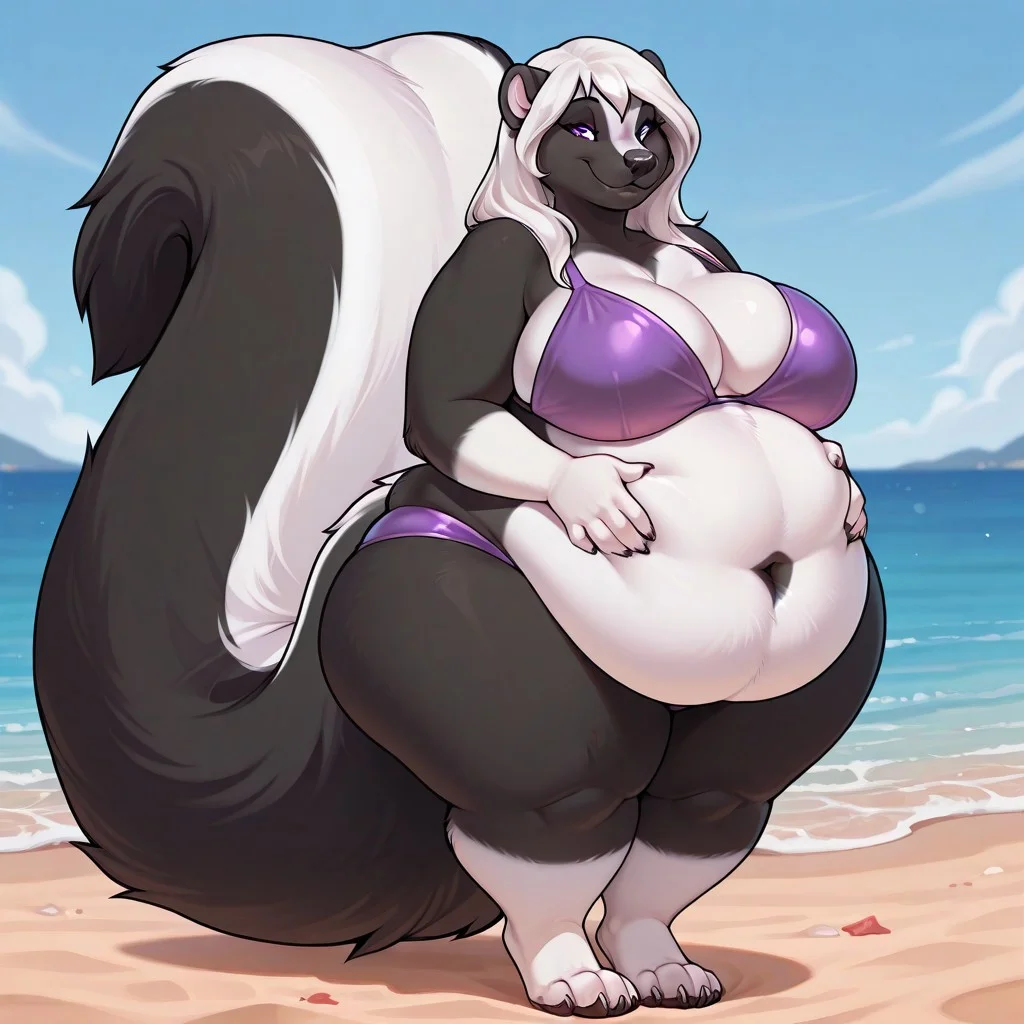 Jessica(14), Solo, 1girl, anthro, female furry, skunk, skunk girl, black and white fur, white hair, long hair, purple eyes, black nose, skunk ears, claws, large tail, skunk tail, chubby, large breasts, fat, thick thighs, wide hips, full body, looking at viewer, purple bikini, standing, smile, hands on belly, beach setting, eyes half closed,