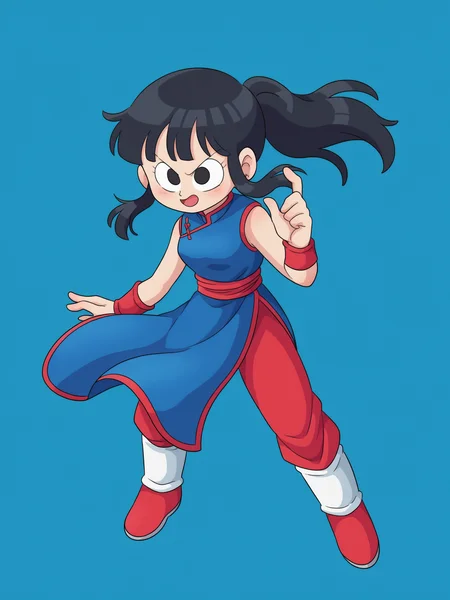 score_9, score_8_up, score_7_up, source_anime, BREAK
1girl, solo, <lora:Miwako:1> round head, round face, <lora:chichi_pony_v1:0.6> chi-chi, long hair, bangs, black hair, ponytail, sidelocks, blunt bangs, black eyes, blue dress, red pants, sleeveless dress, chinese clothes, red wristband, china dress, red sash, white leg warmers, shoes,