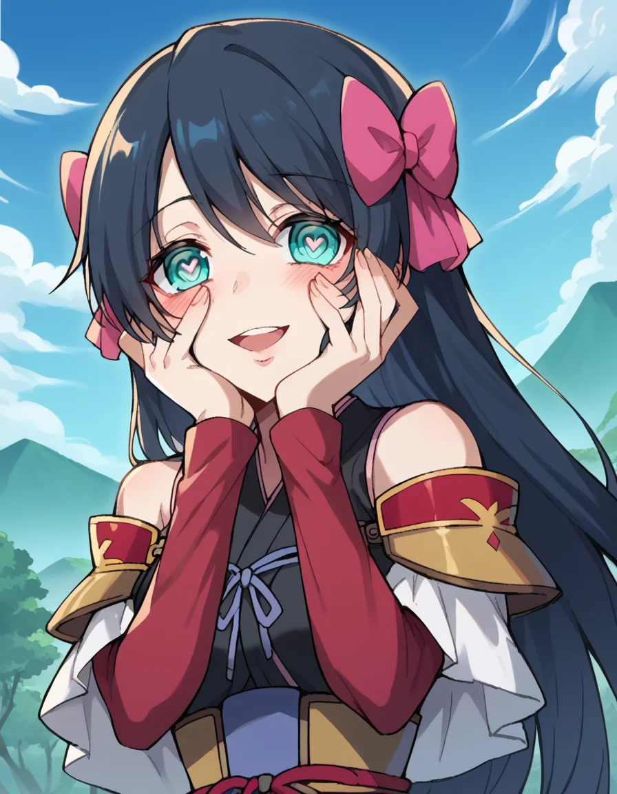 score_9, score_8_up, score_7_up, source_anime, <lora:nagahide-niwa-s1-ponyxl-lora-nochekaiser:1>, nagahide niwa, long hair, blue eyes, black hair, hair bow, aqua eyes, medium breasts, japanese clothes, armor, japanese armor, bare shoulders, shoulder armor, detached sleeves,, floating island, sky, clouds, greenery, magical, , <lora:yandere-trance-ponyxl-lora-nochekaiser:1>, yandere trance, yandere, hands on own cheeks, hands on own face, crazy eyes, crazy smile, crazy, heart-shaped pupils, glowing eyes, symbol-shaped pupils, hand on own face, open mouth, glowing, blush, looking at viewer,, looking at viewer, solo,, dutch angle, cowboy shot