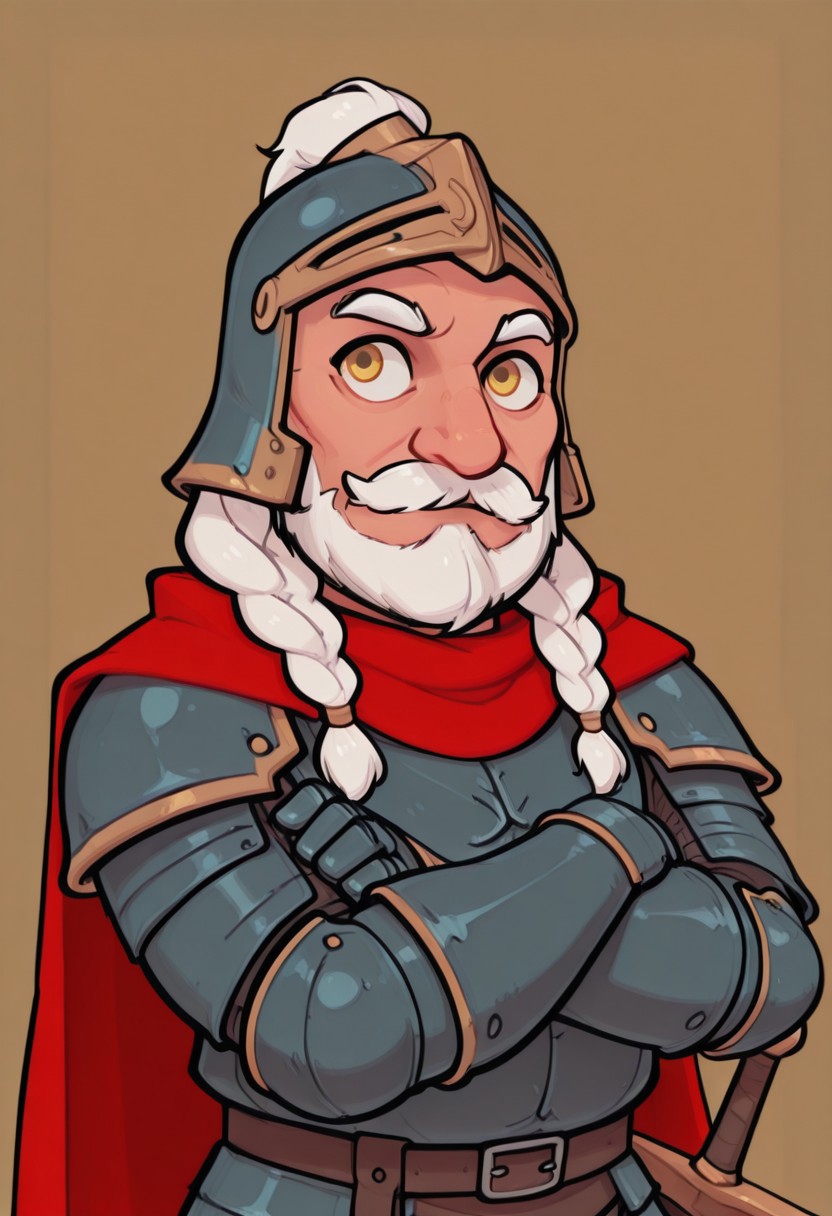 smoove,

1boy, solo, beard, mustache, braid, armor, cape, crossed arms, dwarf, eyebrows, facial hair, gauntlets, helm, helmet, male focus, sheath, sword, twin braids, upper body, weapon, white hair, yellow eyes