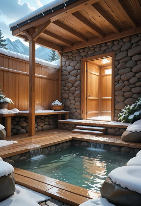 score_9, score_8_up, score_7_up, (roofless), over the shoulder view, underneath view, balcony, snowing, onsen, hot springs, snow falling,
windy, steamy, sweaty, very hot room, washing, small clutter, steam rising,
Window, courtyard, sauna, stone sauna, sitting on boulder, rockwall, outdoors, godsrays, clouds, Flora, Fauna,
SSB, masterpiece, highest quality, trending on artstation,