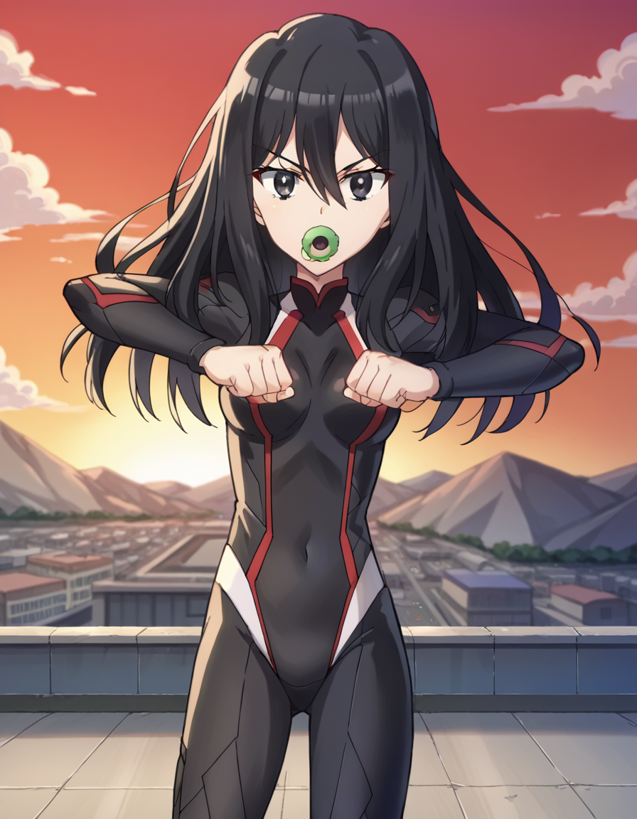 score_9, score_8_up, score_7_up, source_anime, <lora:shutaura-sequenzia-movie-ponyxl-lora-nochekaiser:1>, shutaura sequenzia, long hair, black hair, black eyes, hair between eyes, anime screencap,, bodysuit, black bodysuit, pilot suit, rooftop, sunset, cityscape, quiet moment, wind blowing, contemplative, , <lora:mochi-mochi-ponyxl-lora-nochekaiser:1>, mochi mochi dance, clenched hands, hands up,, looking at viewer, solo,, dutch angle, cowboy shot