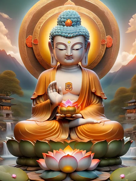 CG rendering,Amitabha Buddha's face usually appears round and peaceful,with ears hanging down from the shoulders and eyes slightly drooping,showing compassion and serenity. He sits cross-legged on the lotus platform,wearing a saffron-gold full-body cassock with a chest. There are ten thousand words,wearing a necklace and a necklace,with a peaceful expression,holding a bowl or lotus in both hands,or forming a meditation seal,surrounded by an infinite halo,with a lotus pond in the background of the Pure Land,tranquil,with warm tones and rich details,(Tranquil Expression:1.2),( Infinite Halo:1.3),(Pure Land Lotus Pond:1.1),spiritual,tranquil and sacred atmosphere,high-resolution digital art. Reminiscent of traditional thangka paintings,(Spiritual Awakening:1.3),(Enlightenment Aura:1.2).,<lora:SDXLä½åé¿å½éä½-000001:1>, 8K, best quality, blurred, bokeh, depthoffield, filmgrain, glisteningskin, HDR, highres, Kodakportra400, lens flare, masterpiece, photography,   RAW photo, realistic, shar pfocus, ultra detailed, ultra highres, vibrant color, sunset, outdoors, trees, paths, lakes, reflections, green plants, waterfalls, mountains, leaves, flowers, streams, forests, oceans, coastlines, villages, hills, Cliffs, grasslands,