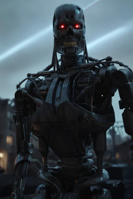 T800_Endo, Terminator robot, score_9, score_8_up, score_7_up, (source_IRL, source_movie), cinematic, realistic, masterpiece, high quality, highres RAW photo, ((upper body shot))
a T800_Endo Terminator Robot with glowing red eyes, he is made of metal, <lora:T800_Endo_Terminator_Pony_v1-000019:1>
(standing, holding a futuristic gun)
in a destroyed apocalyptic city, dark cloudy skies, Apocalyptic Landscape, destroyed city
dynamic lighting, highly detailed, intricate details, shadows, dark, at night