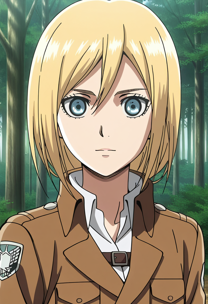 anime screencap,8k, absurd res, 1girl, solo, looking at viewer, short hair, hair betweeen eyes,blonde hair,bangs,blue eyes,wearing a paradis military uniform,outdoors,detailed background,forest,christa_renz,<lora:christa_renz:1>