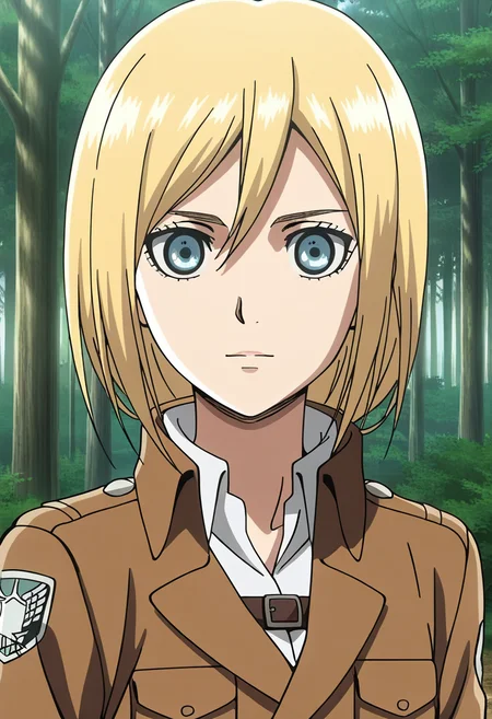 anime screencap,8k, absurd res, 1girl, solo, looking at viewer, short hair, hair betweeen eyes,blonde hair,bangs,blue eyes,wearing a paradis military uniform,outdoors,detailed background,forest,christa_renz,<lora:christa_renz:1>
