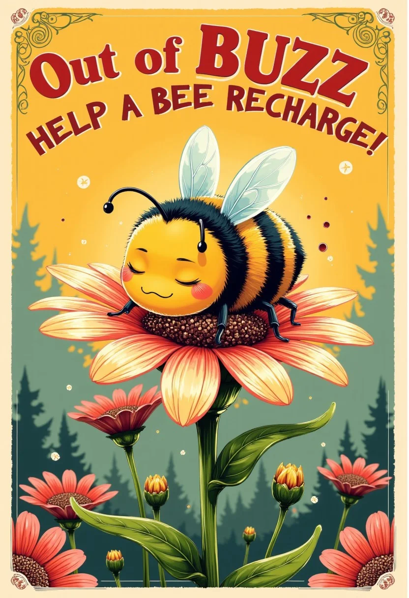 A vintage poster, retro design, cartoon, of a bee sleeping on a flower, with the text “Out of BUZZ – HELP A BEE RECHARGE!”