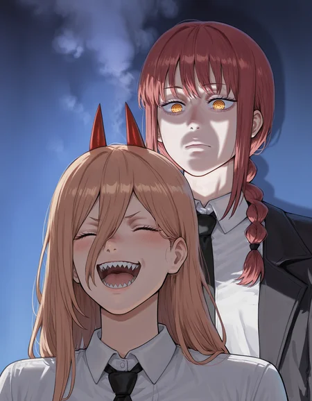 undertakermeme, 2girls, power \(chainsaw man\), makima \(chainsaw man\), glowing, dark background, smoke, <lora:Undertaker_Appearing_Behind__Meme_Pose_Concept__IllustriousXL_and_NoobAI:1.3>, <lora:Jay_Marveloroboro_Shaded_ANIME_Style:1>, shaded_anime
2girls,power \(chainsaw man\), horns,open mouth, smile, teeth, closed eyes, shark teeth,
2girls, serious, open eyes, looking down, makima \(chainsaw man\), sysdeep_makima, red hair,