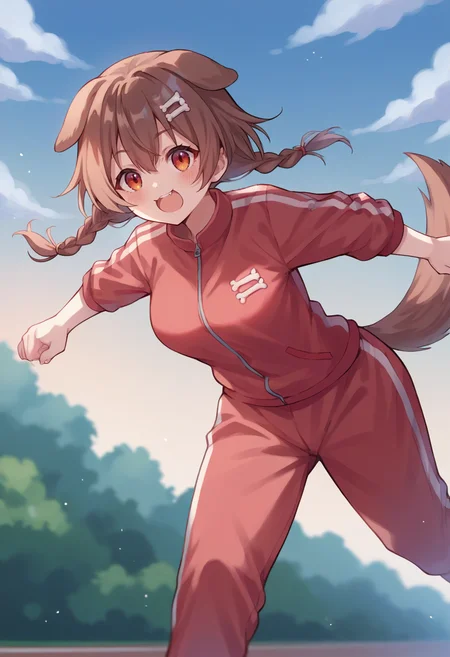 score_9, score_6_up, source_anime, 1girl, solo, outdoors korone, low twin braids, bone hair ornament, dog tail, red tracksuit, running <lora:koroneXL:1>