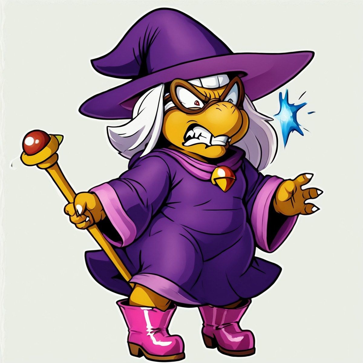 female,
<cartoon:1.5>,
<2d:1.5>,
kammy_koopa, granny_koopa, transparent background, solo, hat, witch hat,purple hat, purple robe, purple headwear, full body, white hair,  witch hat, holding, 1girl, wide sleeves, staff,boots,
<lora:Kammy_Koopa_Paper_Mario_Pony_SDXL:1> kammy_koopa <lora:90s4n1m3XLP:1> 90s4n1m3, angry,
teeth,
clenched teeth,
pop vein,