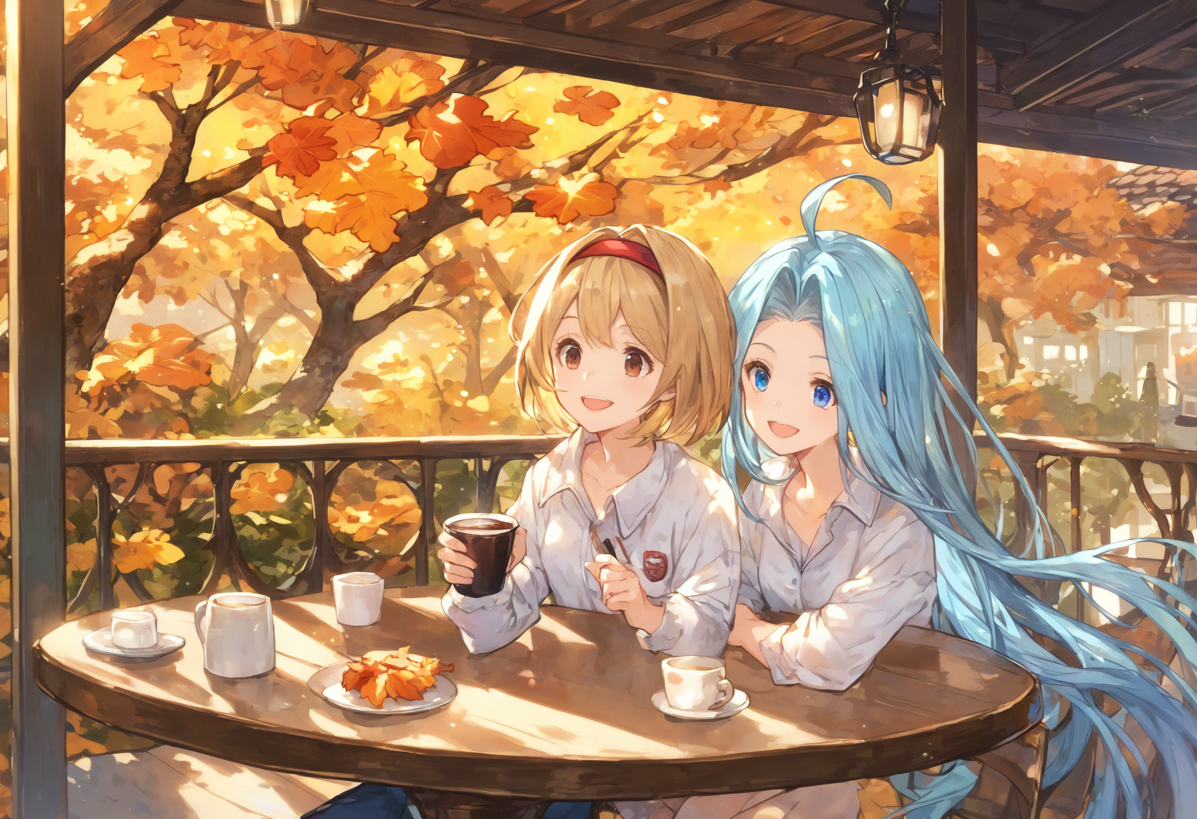 score_9, score_8_up, score_7_up,score_6_up, source_anime, best quality, aesthetic, absurdres, extremely detailed, kyoani, kyoto animation,
2girls, yuri, (happy smile:1.1), outdoors, autumn, cafe, balcony, table, coffee cup,  
lyria \(granblue fantasy\), very long hair, blue hair, ahoge, blue eyes, (body_slim, skinny:1.2), small breasts, 
BREAK
djeeta \(granblue fantasy\), blonde hair, short hair, hairband, brown eyes, (medium breasts:0.7),
<lora:JitaRuri-Pony:0.7> jitaruri, clear eyes,