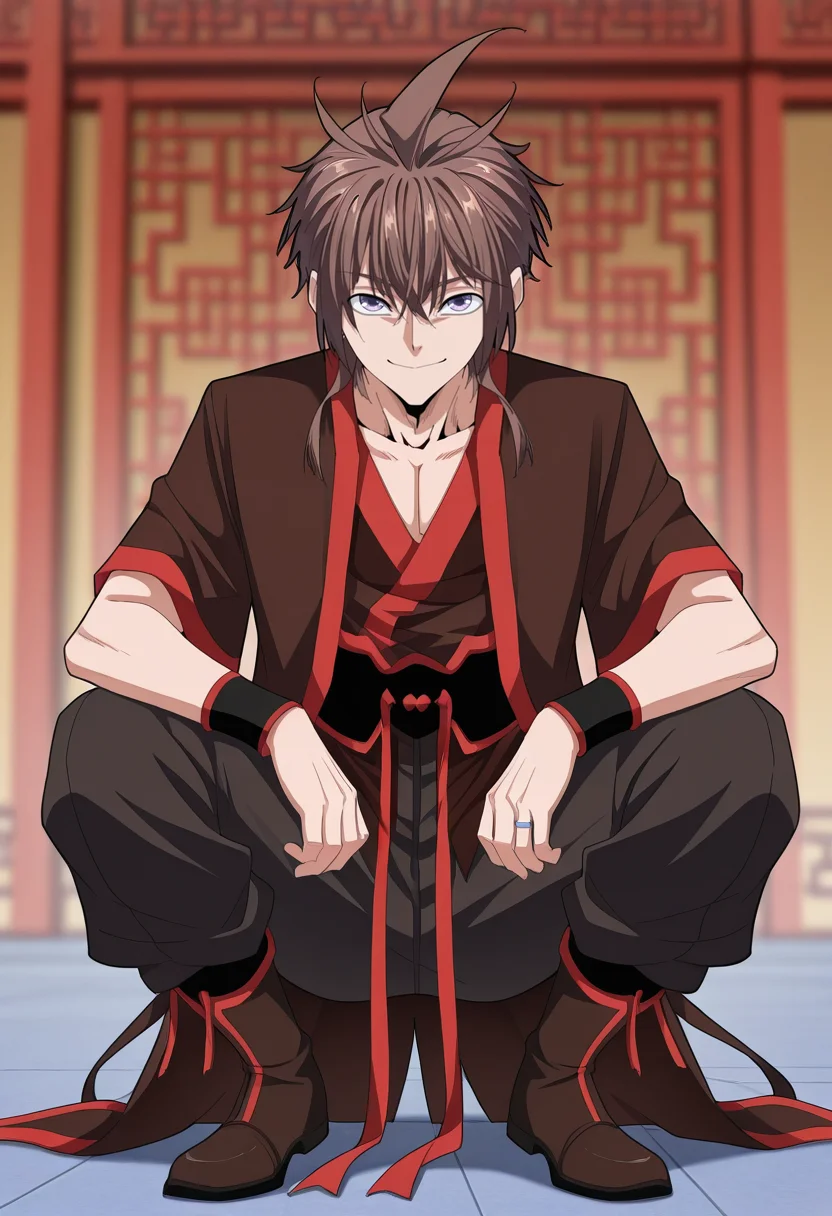 masterpiece, best quality, amazing quality,high resolution,intricate details,official style,depth of field,anime screencap,anime coloring , , , 1boy, solo, male focus,<lora:zhou_yi-fan:1>,zhuo-yi fan,light purple eyes,hair tails,short hair, brown hair,looking at viewer, smile, full body,sidelocks,long wristband, boots,chinese hanfu,intricate red trim,short sleeves,left ring,pants, squatting