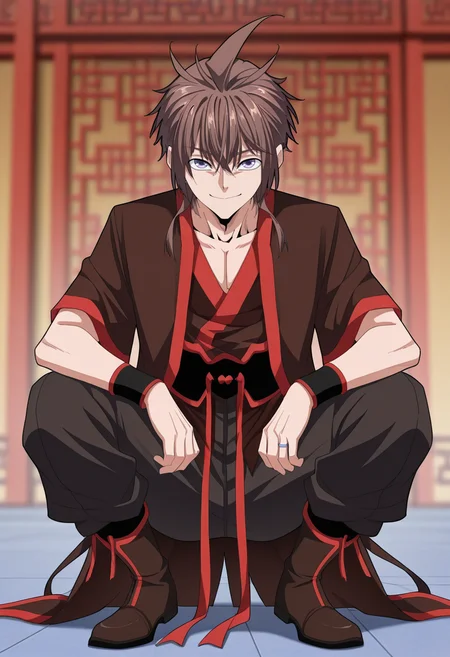 masterpiece, best quality, amazing quality,high resolution,intricate details,official style,depth of field,anime screencap,anime coloring , , , 1boy, solo, male focus,<lora:zhou_yi-fan:1>,zhuo-yi fan,light purple eyes,hair tails,short hair, brown hair,looking at viewer, smile, full body,sidelocks,long wristband, boots,chinese hanfu,intricate red trim,short sleeves,left ring,pants, squatting