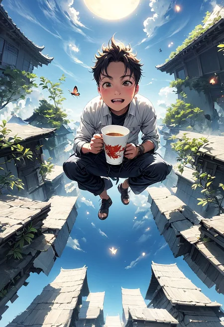 bug, sky, pagoda, torn pants, multiple boys, forehead mark, blurry, ofuda, holding cup, plant