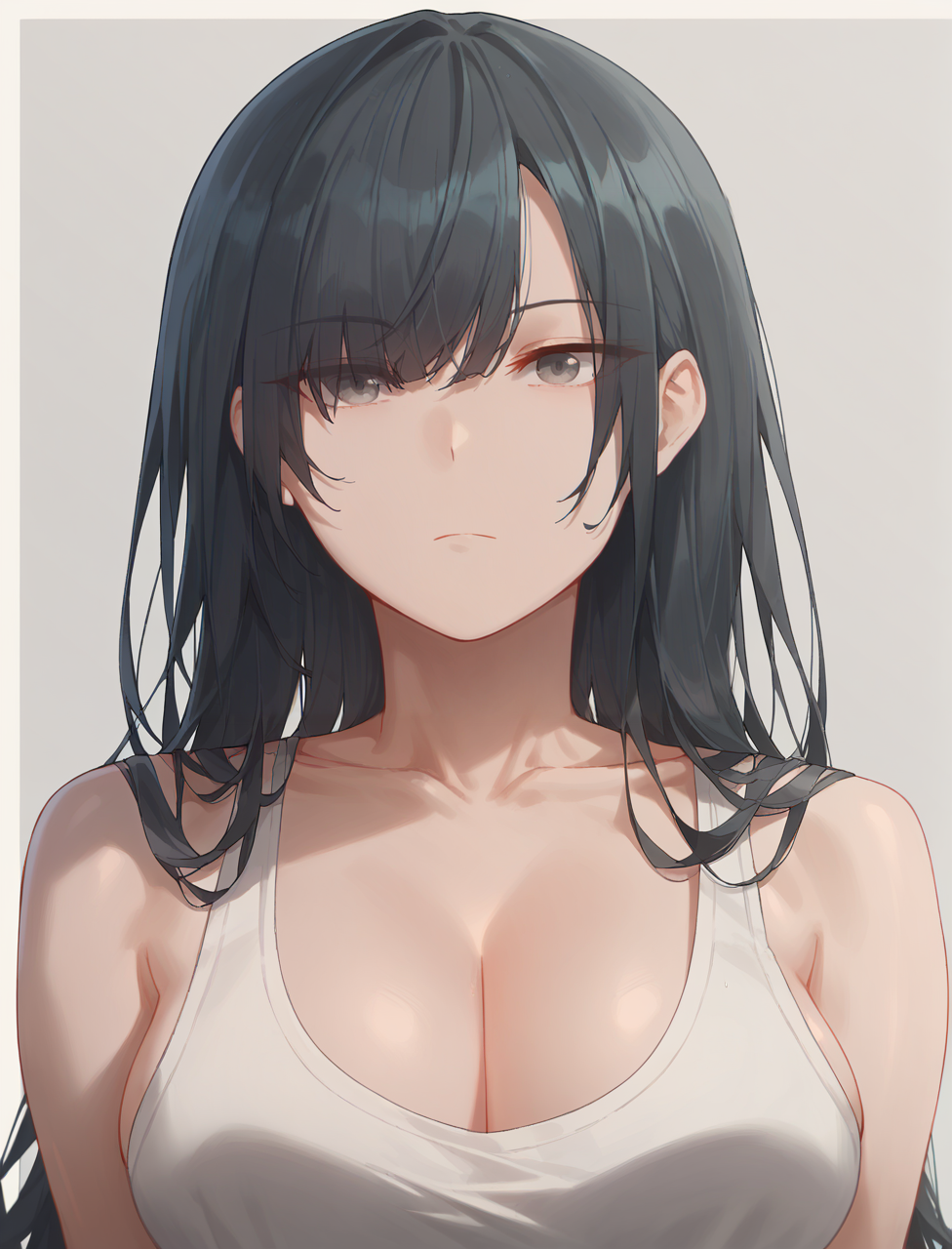 score_9, score_8_up, score_7_up, score_6_up, <lora:Yohand1754V1:0.95>, 
1girl, bare shoulders, black hair, breasts, cleavage, close-up, closed mouth, collarbone, grey background, grey eyes, large breasts, long hair, shirt, simple background, sleeveless, upper body, white shirt, tank top, eyes visible through hair, eyebrows, expressionless, breasts,