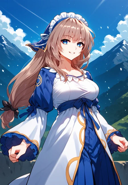 zPDXL3, score_9_up, score_8_up, score_7_up, (Anime_source), 1girl, Sistina, light brown hair, blue eyes, long hair, low tie ponytail, Sistina maid clothes, cowboy shot, looking at viewer, parted lips, standing on mountain, particles, floating hair, smile