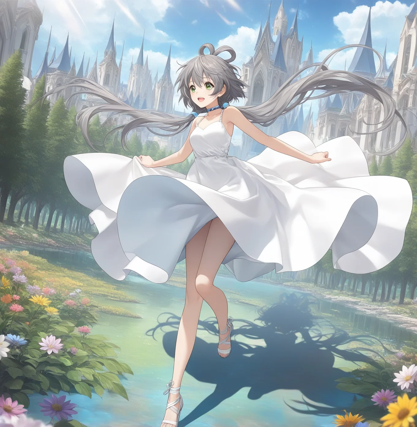 luo tianyi,1girl,masterpiece,high quality,best quality,beautiful,(extremely detailed CG unity 8k wallpaper),(((masterpiece))), (((best quality))), ((ultra-detailed)), (best illustration),(best shadow), ((an extremely delicate and beautiful)),dynamic angle,floating, fairyland,dynamic angle,sea of flowers,beautiful detailed garden,wind,classic,spring, (detailed light),feather, nature, (sunlight), river, forest,(((floating palace))),((the best building)),beautiful and delicate water,(painting),(sketch),(bloom),(shine),summer_dress,