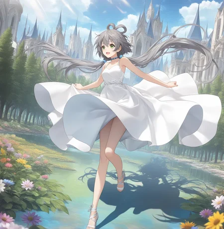 luo tianyi,1girl,masterpiece,high quality,best quality,beautiful,(extremely detailed CG unity 8k wallpaper),(((masterpiece))), (((best quality))), ((ultra-detailed)), (best illustration),(best shadow), ((an extremely delicate and beautiful)),dynamic angle,floating, fairyland,dynamic angle,sea of flowers,beautiful detailed garden,wind,classic,spring, (detailed light),feather, nature, (sunlight), river, forest,(((floating palace))),((the best building)),beautiful and delicate water,(painting),(sketch),(bloom),(shine),summer_dress,
