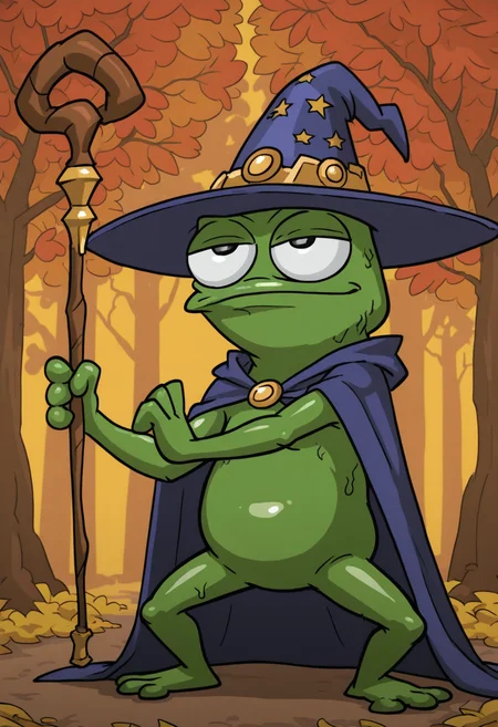 b4tm3t41style, masterpiece, best quality, solo, pepe the frog, autumn tree background, battle pose, (detailed body), big eyes, shiny skin, green skin, wizard hat, wizard outfit, holding magical wizard staff,