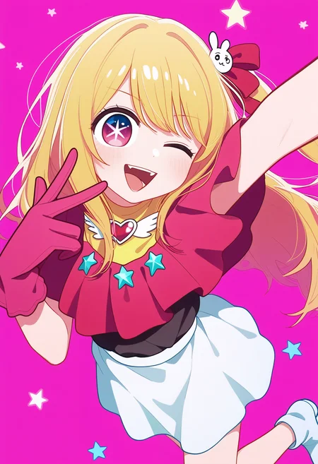 omo-omo2,star_in_eye, , oshi no ko,  1girl, solo, smile, long hair, blonde hair, open mouth, pink eyes, gloves, bow, skirt, hair bow, arm up, pink background, looking at viewer,one_eye_closed, ,masterpiece,best quality,newest,absurdres,highres,very awa,