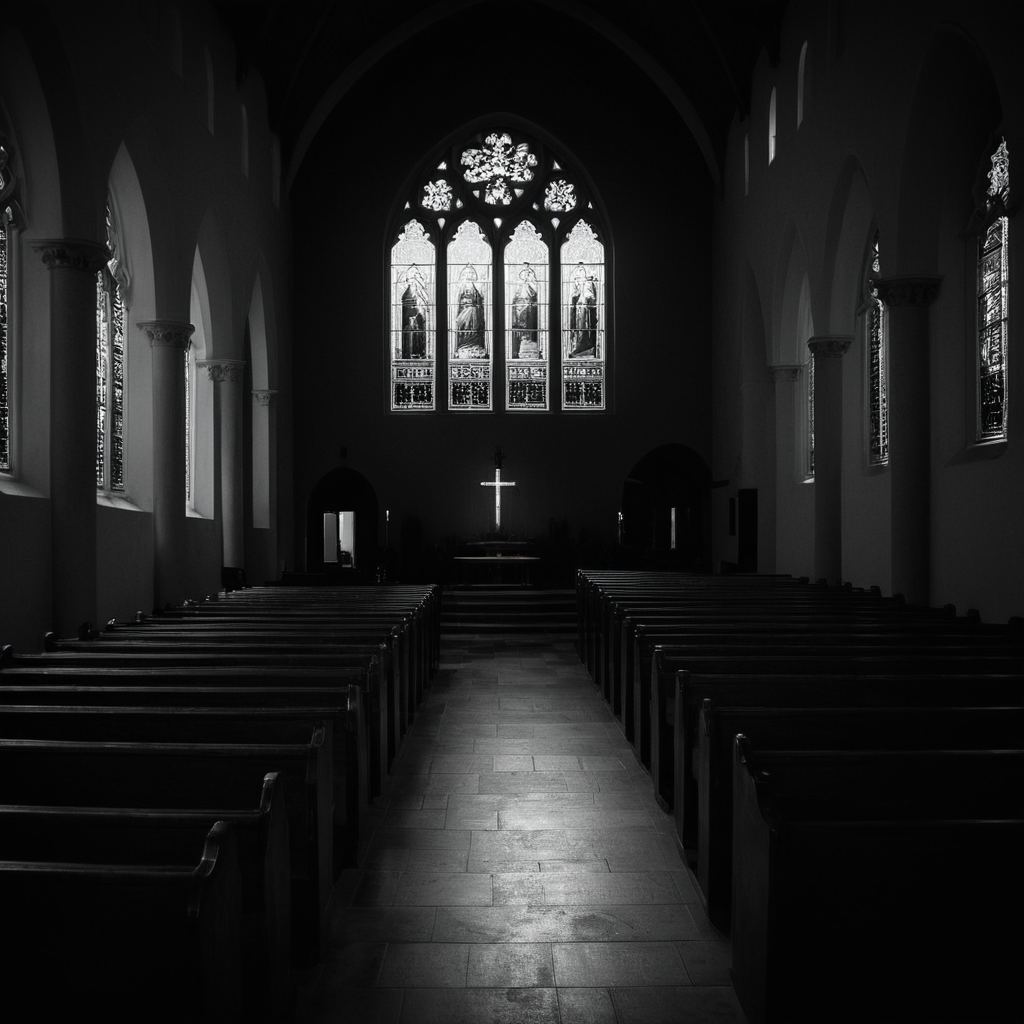 cinematic film still of  <lora:Chiaroscuro Lighting Style:1>
dramatic, cinematic, shadow, partially covered in shadow, a church with a large stained window and pews Chiaroscuro Lighting Style, monochrome, greyscale, indoors, no humans, window, scenery, architecture, pillar, church, arch, shaft light, ray light, church light, shallow depth of field, vignette, highly detailed, high budget, bokeh, cinemascope, moody, epic, gorgeous, film grain, grainy