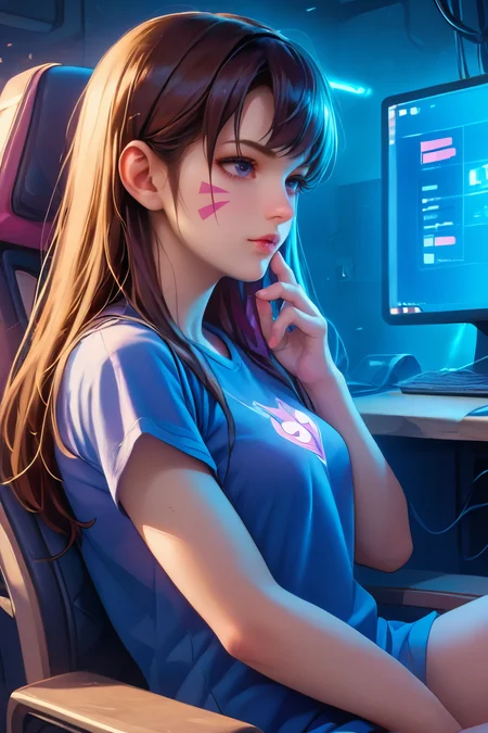 score_9,score_8_up,score_7_up,<lora:add-detail-xl:0.8>,<lora:HanaSongDVA:0.8>,d.va,<lora:CyberPunkAIp:0.8>,
1girl,whisker markings,facial mark,sitting in an ergonomic esports chair,immersed in a vibrant yet dimly lit gaming atmosphere,intense focus,dynamic gaming setup with a sci-fi aesthetic,colorful ambient lighting subtly illuminating the room,
Display text: Maintenance in progress,
girl's back view,only the nape of the neck visible,no profile,hair cascading down in soft waves,delicate silhouette,focus on relaxed posture with her right hand gripping a sleek gaming mouse,
futuristic science fiction attire,comfortable short T-shirt,advanced esports chair with ergonomic backrest,virtual screen display with maintenance alerts,glowing holographic interfaces,large curved screen showing system diagnostics,high-tech computer host with pulsating lights,ambient glow from the host power light,
immersive environment filled with vibrant colors against a dark backdrop,sleek and modern design,futuristic aesthetics,advanced gaming peripherals,atmospheric effects creating depth,dynamic lighting that enhances mood,engaging visuals that draw the viewer in,
ergonomic backrest providing contoured support,adjustable lumbar support for comfort,plush cushioning inviting relaxation,breathable mesh fabric for airflow,reinforced stitching ensuring durability,high-density foam for optimal comfort,customizable height for personalized fit.,