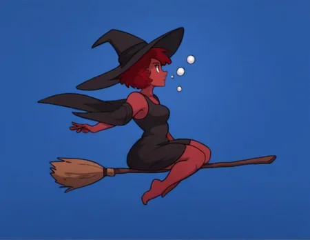 score_9, score_8_up, score_7_up, score_9, score_8_up, score_7_up, qc, \bubbles\, red hair, short hair, colored skin, red skin, red eyes, muscular female, muscle mommy, thick thighs, thick body, black dress, witch hat, broomstick, flying, night
