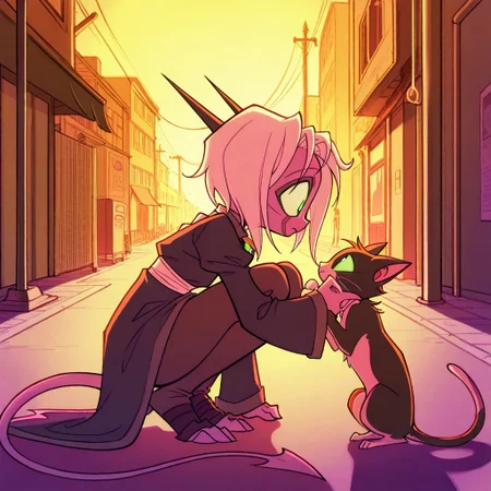 score_9, score_8_up, score_7_up,namah_calah,
1girl,solo,furry,tail, source_furry,horns,masterpiece,
,<lora:namah_calah_illustrious:0.8>,
kid, child,
solo, cat, kitten, holding_animal, gentle_smile, crouching, concerned_expression, outdoors, street, warm_lighting, sunset, detailed_background, adorable