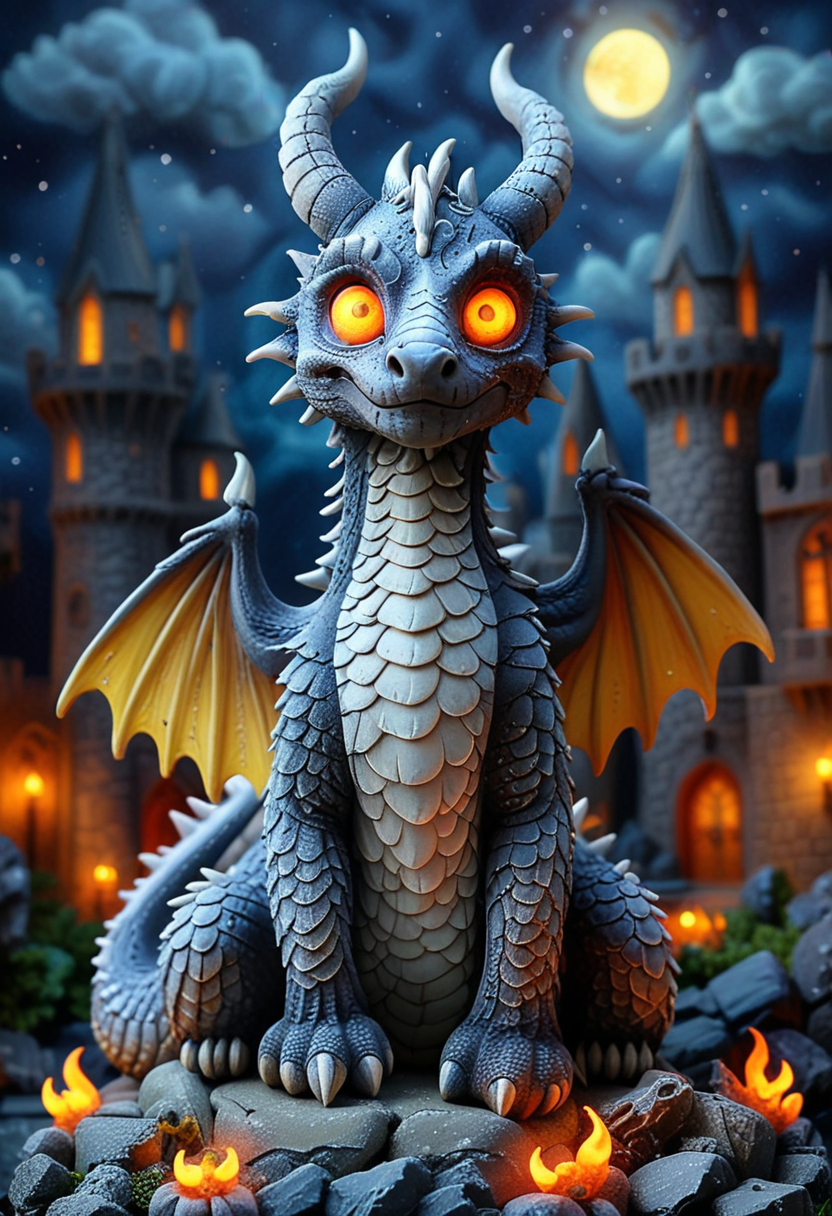 (medium full shot) of (noble dragon) with yellow eyes, four-legged, pearl white scales, spiked scales, flame-tipped wings, glowing horns, gemstone-studded arms, set in  a dark enchanted castle, featuring shadowy halls, mysterious whispers, an ominous ambiance , under the moonlight,  Masterpiece,best quality, very aesthetic