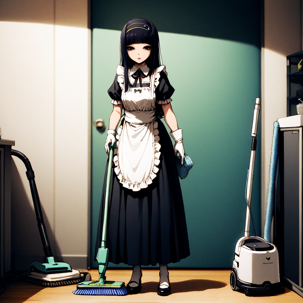 masterpiece, best quality, very aesthetic, yuriko, long hair, black hair, blunt bangs, gloves, black eyes, hairband, maid outfit, cleaning room with vacumn cleaner, holding vacumn cleaner, full body