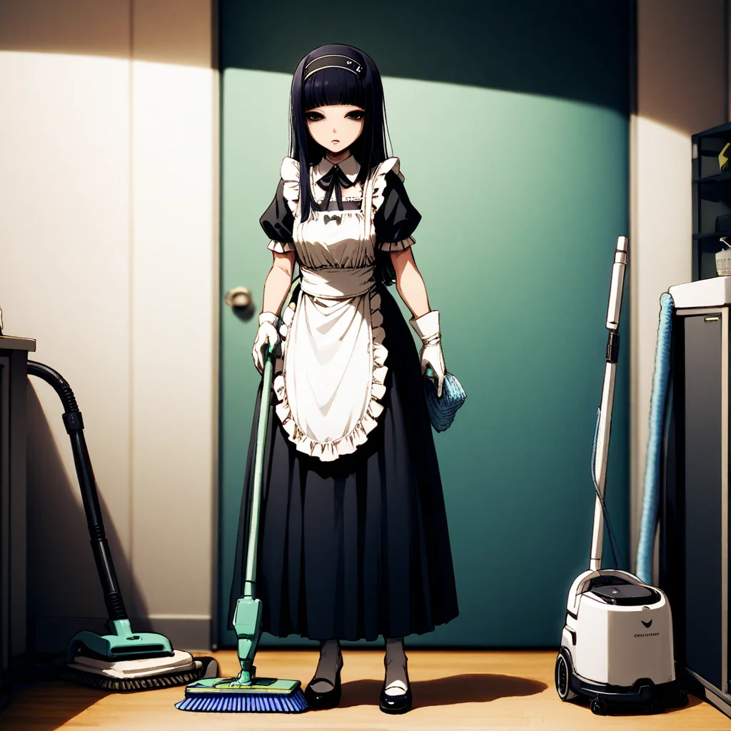 masterpiece, best quality, very aesthetic, yuriko, long hair, black hair, blunt bangs, gloves, black eyes, hairband, maid outfit, cleaning room with vacumn cleaner, holding vacumn cleaner, full body