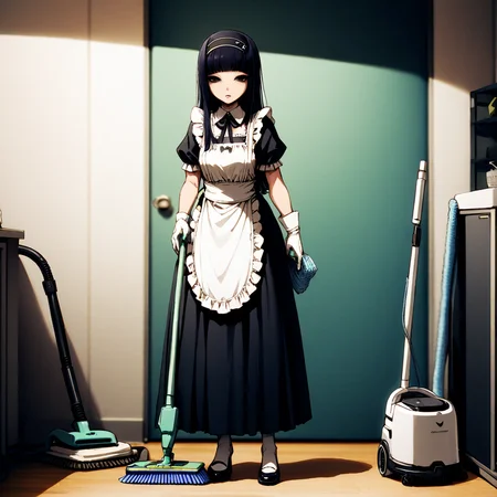 masterpiece, best quality, very aesthetic, yuriko, long hair, black hair, blunt bangs, gloves, black eyes, hairband, maid outfit, cleaning room with vacumn cleaner, holding vacumn cleaner, full body